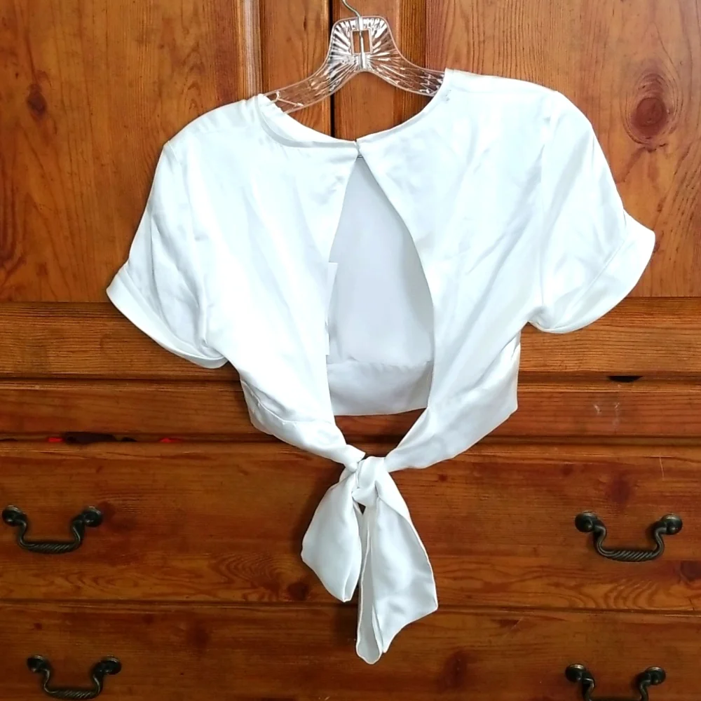 NWT Zara Open Back Tied Satin Effect White Top Medium Festival